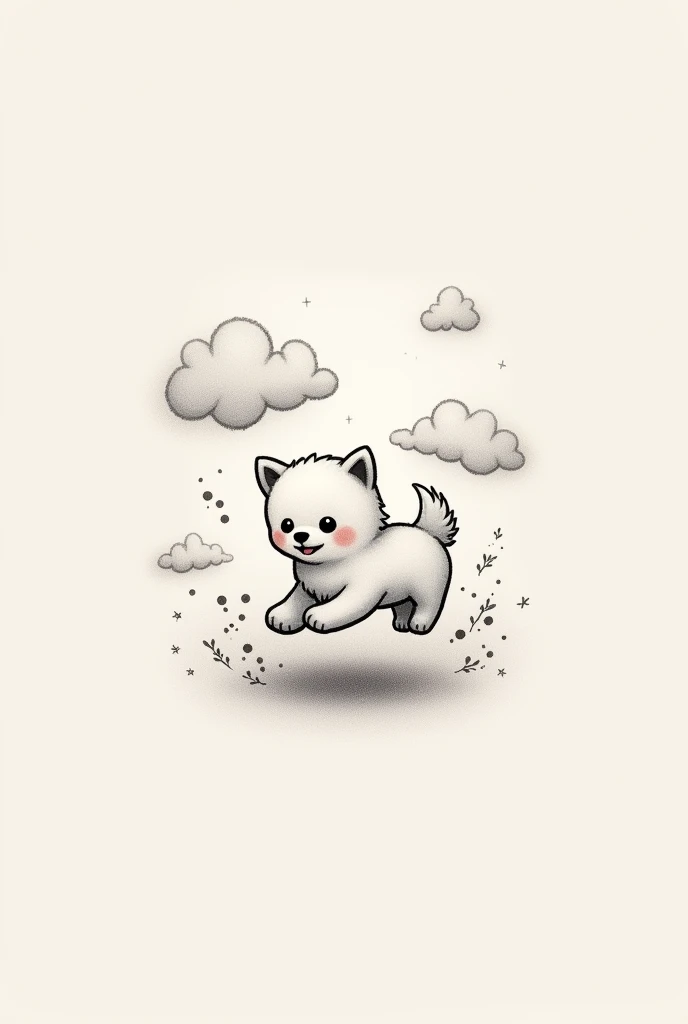 simple tattoo , light color , cute teleyar dog playing in clouds , black and white