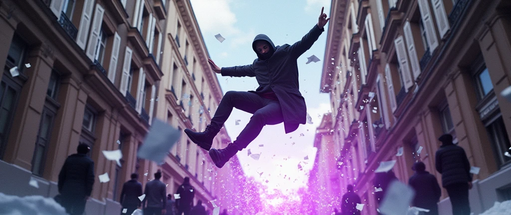 a man jumping through the window of a building, jumping from the third floor, he is falling into a dynamic position, shattered glass, broken glass falling, broken window, I see him from the street, pedestrians are scared, um portal de energia com bordas roxa, portal opens in the sewer on the floor, round and purple interdimensional portal, he is wearing a black mask, he wears boots and a hooded coat, sunny afternoon with clouds, avenida na França, através do portal há neve e é um lugar frio, faísca, lensflare, desfoque de movimento, fagulhas, obra de arte, uhd,ultra detalhados, multiplos personagens, papeis voando, fluidez de movimentos, vidros quebrados em alto detalhamento, portal no chão, proporções perfeitas