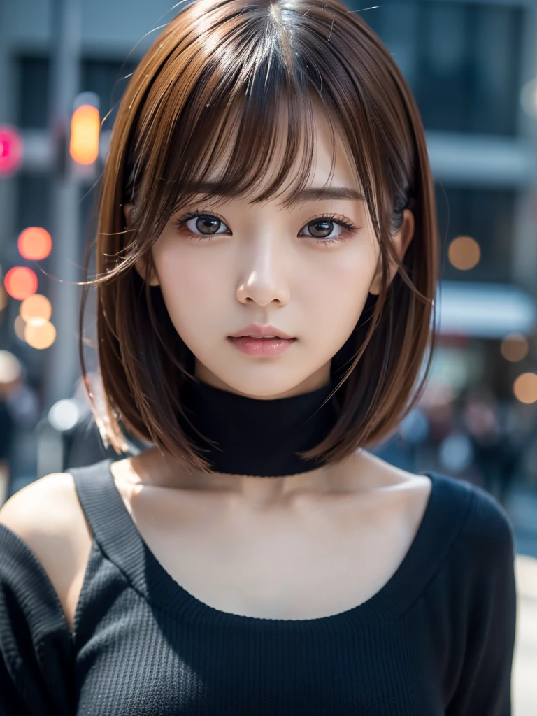 masterpiece, One beautiful girl, detailed, Swollen eyes, Highest quality, 超High resolution, (reality: 1.4), Original photo, One Girl, Cinema lighting, (Laughter:0.6), Japanese, Asian Beauty, Korean, Proper, Very very beautiful, A slightly younger face, Beautiful skins,Orange Hair、 Slim and large, Black sweater、Cyberpunk Background, (超reality的な), (Awareness-raising), (High resolution), (8k), (非常にdetailedな), (The best Awareness-raisingns), (Beautiful and detailed eyes), (超detailedな), (wallpaper), (detailedな顔), Looking at the audience, 細かいdetailed, detailedな顔、Deep Shadow、Inconspicuous、Pure Erotic Face Ace_v1、46 point diagonal bangs、Look straight ahead、Dress neatly、black eye、