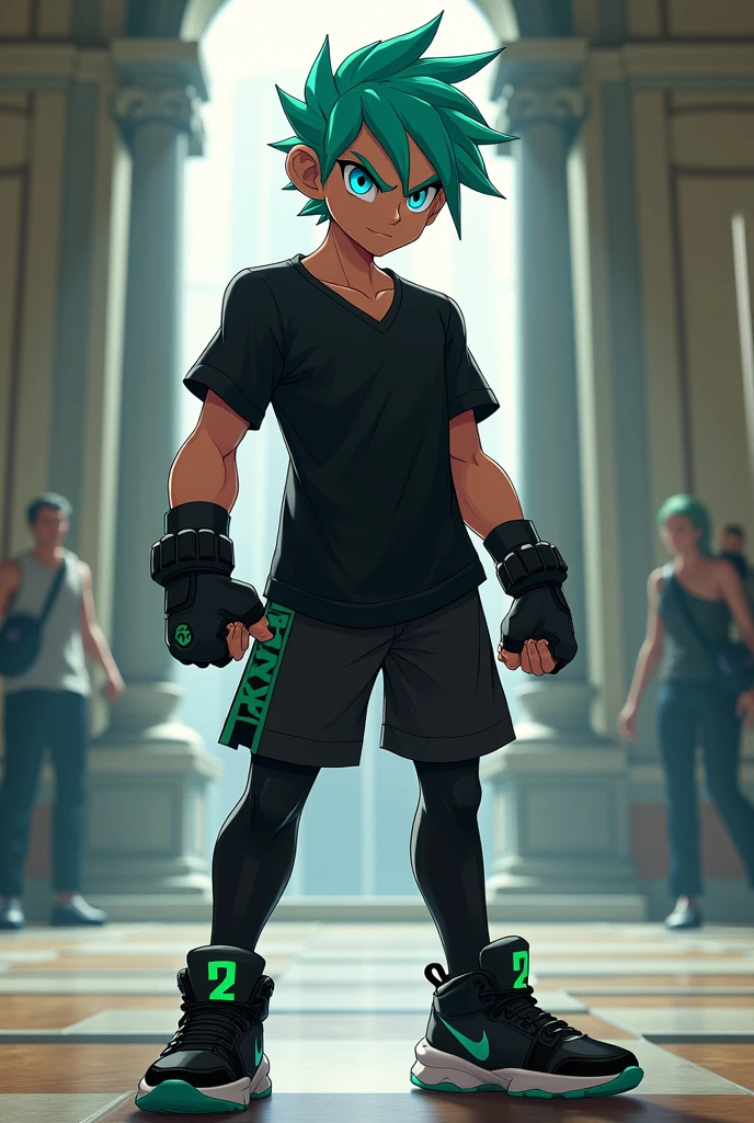 Inkling, male, blue eye, green hair court ,
T shirt en col V noir avec des gants de combat, Black Jordan with green logo,
Short avec des collant qui couvre ses jambes sportif,