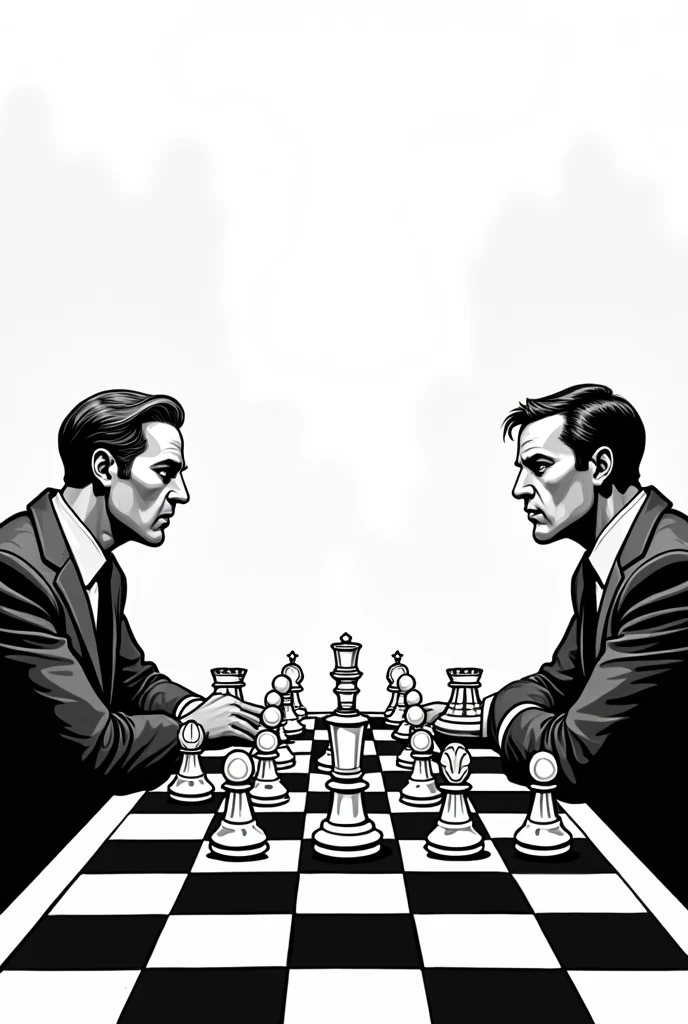 Of two people in suits playing chess, chess pieces need to be human, the guys in suits are off the board, make a black and white cartoon model that looks like a comic book 