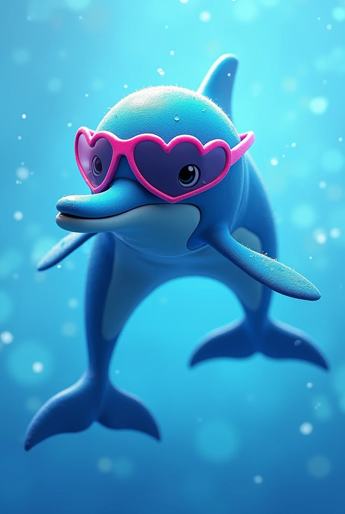 A dolphin with bright and vibrant shades of blue and heart glasses, but with a masculine touch