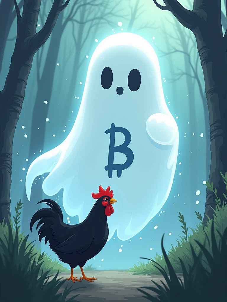 white ghost with the letter B on its chest calling a black chicken,anime style