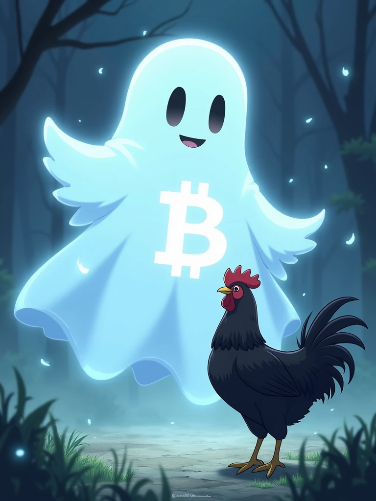 white ghost with the letter B on its chest calling a black chicken,anime style