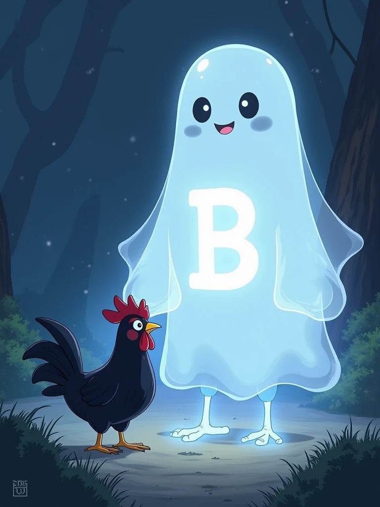 white ghost with the letter B on its chest calling a black chicken,anime style