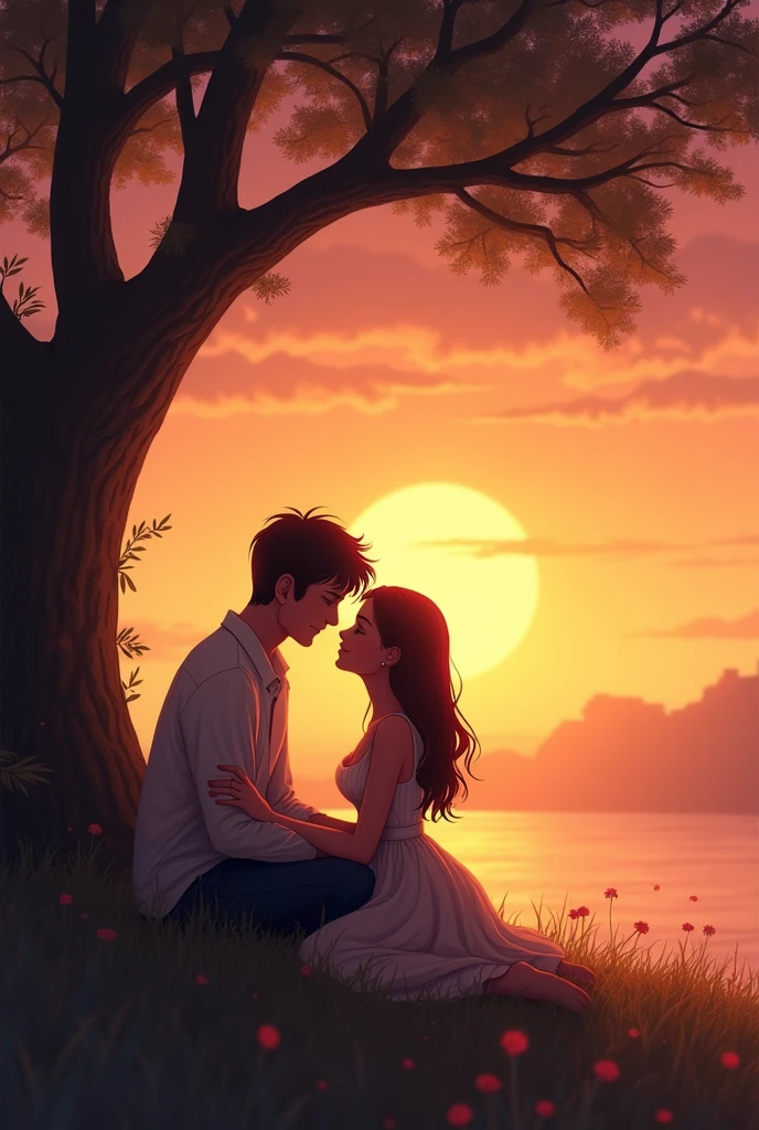Design a image for video which can be seen by for 5 minutes where couple are setting near a tree while watching beautiful sunset that captures the essence of a heartfelt love song The image should feature a soft, romantic scene with warm tones, like a couple embracing or a serene sunset. Include the song title in elegant, easy-to-read text, positioned to stand out without overwhelming the image. The overall design should evoke deep emotion and love, drawing viewers in to click and listen. make image size of youtube video 16:9