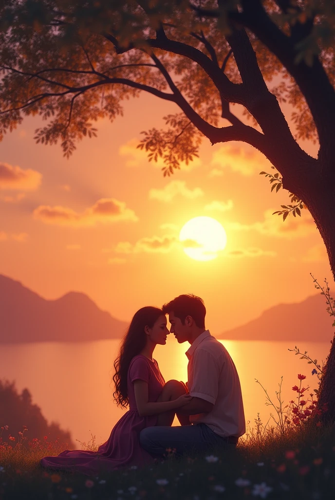 Design a image for video which can be seen by for 5 minutes where couple are setting near a tree while watching beautiful sunset that captures the essence of a heartfelt love song The image should feature a soft, romantic scene with warm tones, like a couple embracing or a serene sunset. Include the song title in elegant, easy-to-read text, positioned to stand out without overwhelming the image. The overall design should evoke deep emotion and love, drawing viewers in to click and listen. make image size of youtube video 16:9