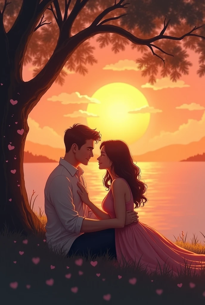Design a image for video which can be seen by for 5 minutes where couple are setting near a tree while watching beautiful sunset that captures the essence of a heartfelt love song The image should feature a soft, romantic scene with warm tones, like a couple embracing or a serene sunset. Include the song title in elegant, easy-to-read text, positioned to stand out without overwhelming the image. The overall design should evoke deep emotion and love, drawing viewers in to click and listen. make image size of youtube video 16:9