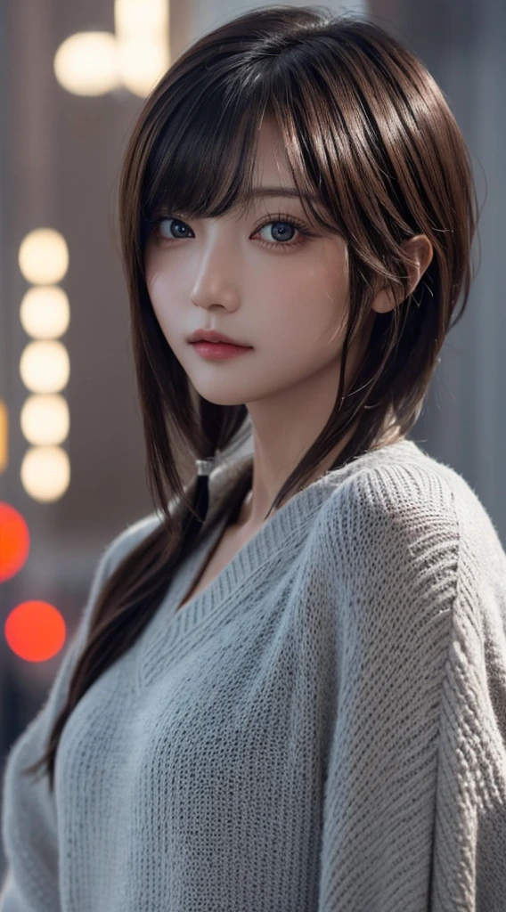 masterpiece, One beautiful girl, detailed, Swollen eyes, Highest quality, 超High resolution, (reality: 1.4), Original photo, One Girl, Cinema lighting, (Laughter:0.6), Japanese, Asian Beauty, Korean, Proper, Very very beautiful, A slightly younger face, Beautiful skins,Orange Hair、 Slim and large, Black sweater、Cyberpunk Background, (超reality的な), (Awareness-raising), (High resolution), (8k), (非常にdetailedな), (The best Awareness-raisingns), (Beautiful and detailed eyes), (超detailedな), (wallpaper), (detailedな顔), Looking at the audience, 細かいdetailed, detailedな顔、Deep Shadow、Inconspicuous、Pure Erotic Face Ace_v1、46 point diagonal bangs、Look straight ahead、Dress neatly、black eye、