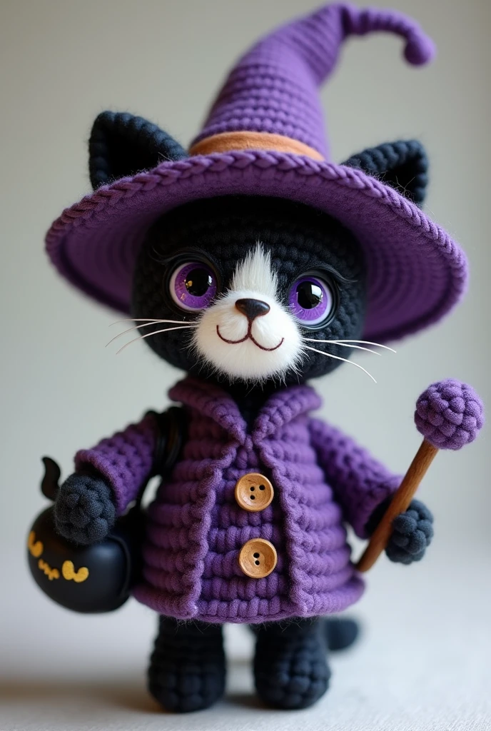 Amigurumi, a humanoid cat, black-and-white ,  wearing a little witch's outfit with a purple robe and pointed hat. The cat has purple eyes, a tiny wand in its paw, and a cute bat-shaped bag slung over its shoulder