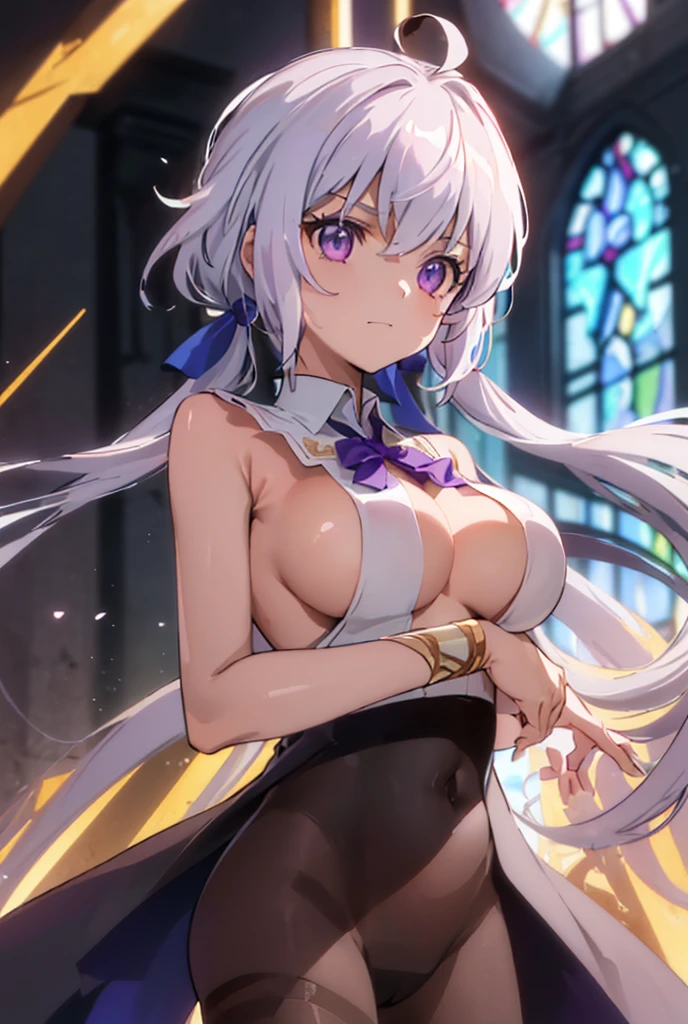 ((masterpiece)), ((Best quality)), (high resolution), (illustration), (an extremely delicate and beautiful), (ultra detailed beautiful face and eyes), nsfw, 1girl, leaning forward, YukineChris, long hair, purple eyes, twintails, low twintails, ahoge, large breasts, fishnet pantyhose, red a bow tie, volumetric lightning, detailed skin texture, detailed, volumetric shadow, anime screencap,Highest quality, Sorceress, ancient babylonian nobility, ((tan skin:1.2)), (brown skin color),Long hair, twin braids, hair ornament, wine colored hair, smile, Below average size breasts, bare shoulders, (underboob:0Nudes、Your clothes are torn、Are sleeping、Spread legs 8K, masterpiece, Best_quality, high_resolution, ultra_details, detailed, 1girl, 独奏, long_hair, looking_at_viewer, upper_body, indoors, braid, blurry, bangs, shirt, white_hair, blurry_background, collared_shirt, closed_mouth, church, hair_ribbon, hair_between_eyes, stained_Glass, Blue_ribbon, sidelocks, depth_of_field, light_particles, window, french_braid, Alphonse Mucha Style, sharp focus, perfect hands, perfect face, perfect eyes, perfect light, dynamic light, natural light, Masterpiece, Best quality,