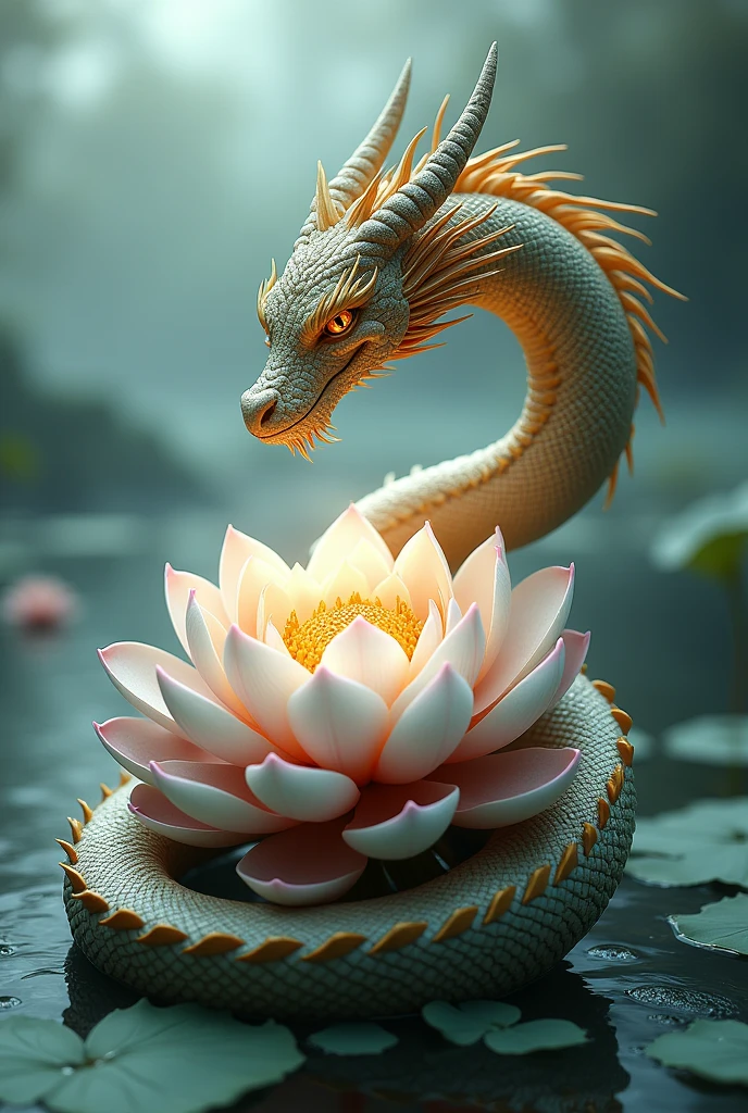 A Dragon encircling a lotus flower