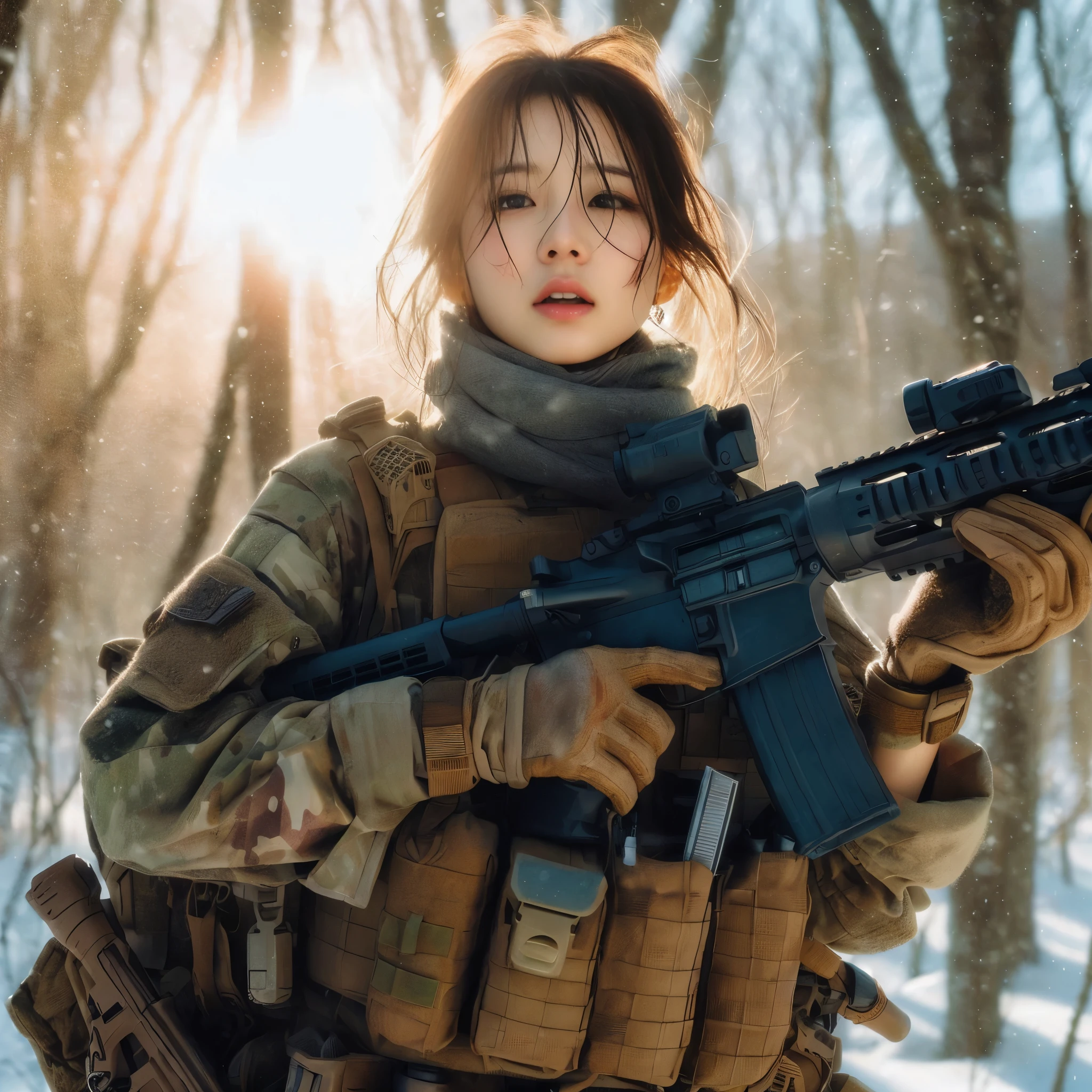 8K, realistic photo, realistic skin texture, Beautiful Japanese women in the US military、In the winter forest、explosion、Close call、
、They are shouting to evacuate immediately.、Automatic rifle、Bulletproof vest、Back Back、boots、Covered in scars、Grim expression、Dynamic pose、Innovative composition、Dust is flying、fiction、My breath is white from the cold、The sun shines through the trees
