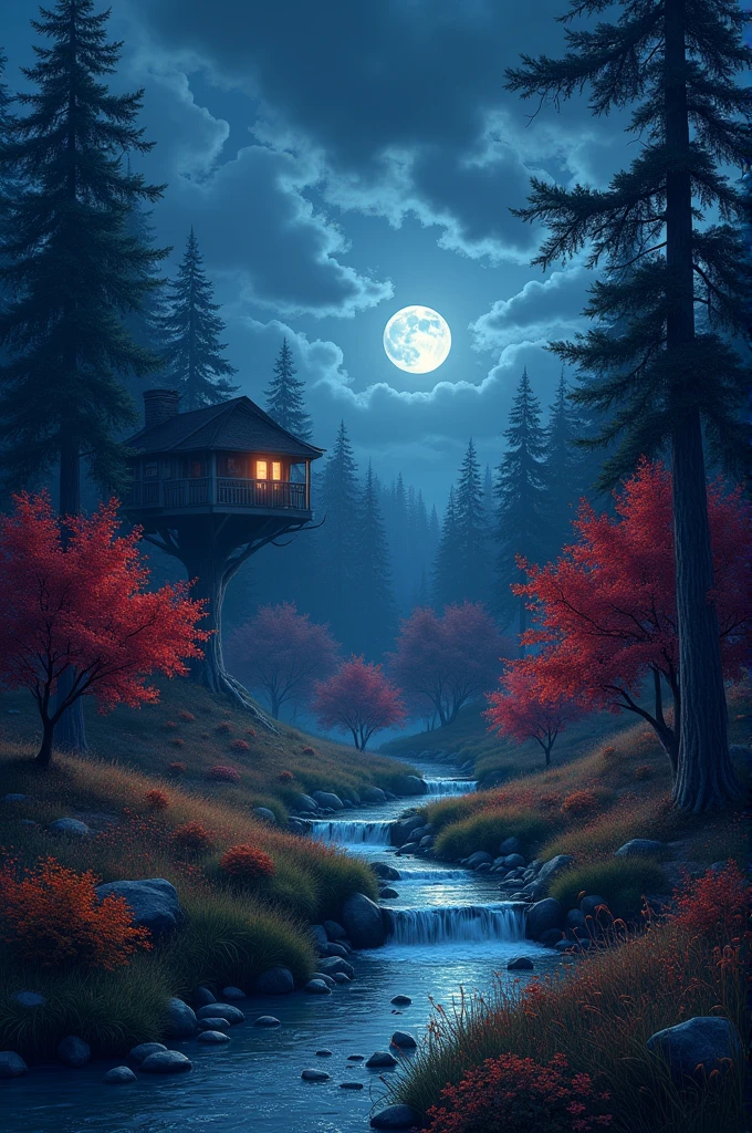 Anime night scenery
BREAK (masterpiece, best quality:1.2), outdoors, nature, glowing forest, pines, grass, tall grass, detailed grass, plants, night, clouds, dark blue sky, red maple trees, tree house from distance, full moon, waterfalls, autumn