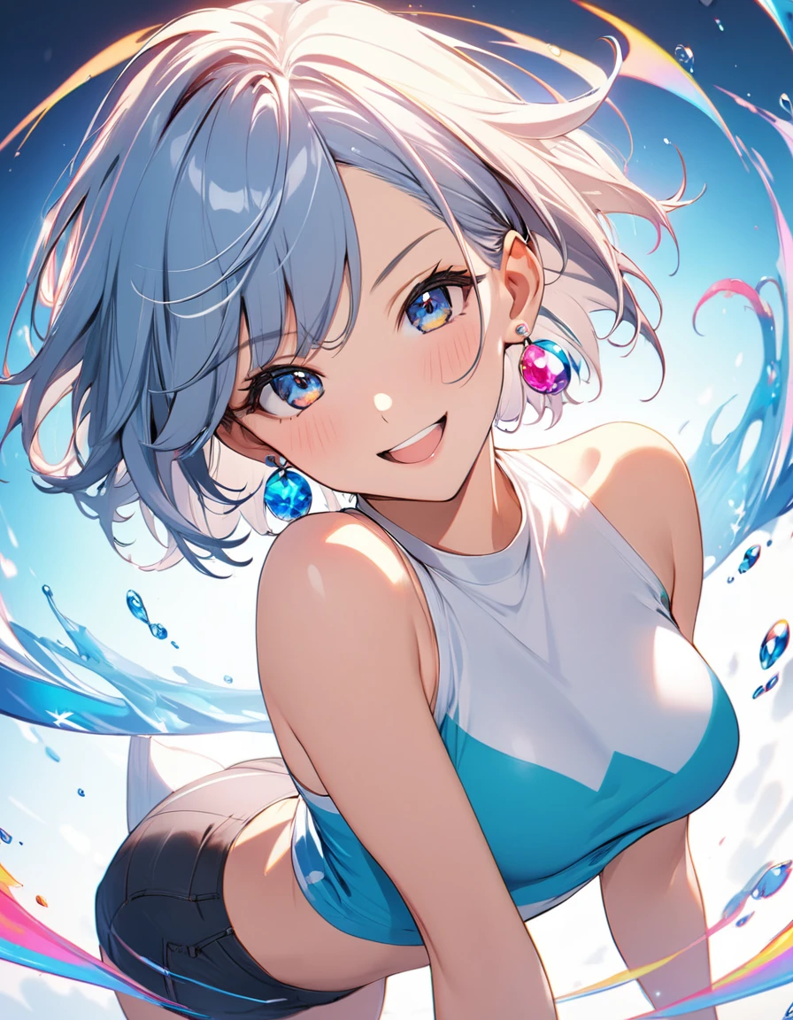 1girl, best quality, beautiful, short hair, 8K, act cool pose, dynamic angle, happy, earrings, perfect body, concept, full color