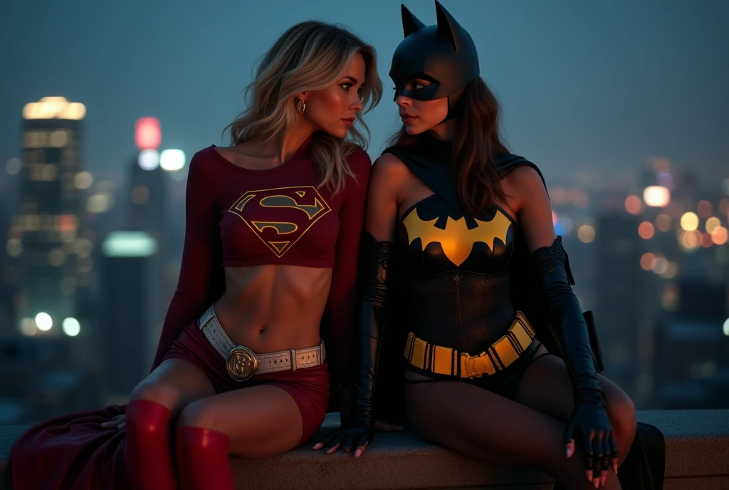 (photorealism:1.2), score_9, score_8_up, score_7_up, score_6_up, 2girls, Supergirl and Batgirl, sitting together, wearing skimpy revealing versions of their costumes, smiling seductively, city rooftop, night, cinematic lighting.