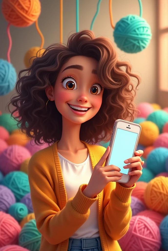 Pixar style drawing of a brunette, with loose curly hair, Grinning, holding cell phone, showing the message on the cell phone a studio background full of balls of yarn.