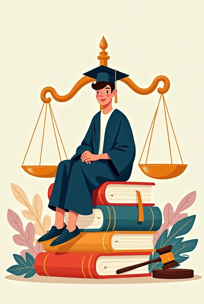 A man wearing her full of graduation gown and sitting on large 2 books Takes up the half of the design area, next to her are the big scales of justice and the hammer, a large two-dimensional drawing.cartoon drawing more details