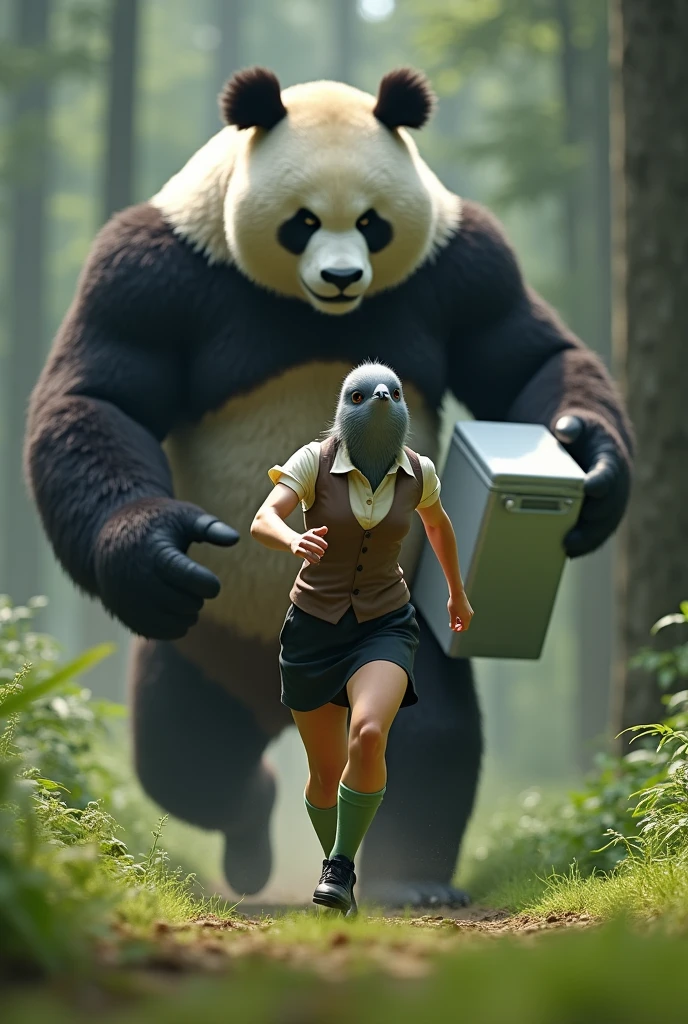 ((Highest quality)), ((Pigeon-headed woman)), (Angry Giant Panda), (Giant panda holding a refrigerator in both hands), Giant panda holding a refrigerator in both handsが後ろから追いかけてくる, A woman with a grey pigeon head is running as fast as she can to escape a giant panda, A grey pigeon-headed woman is wearing an off-white collared short-sleeved shirt, a light brown vest, a knee-length black skirt, dark green socks and black shoes., Muscular grey pigeon-headed woman, The background is a grassy forest, Photorealistic images,