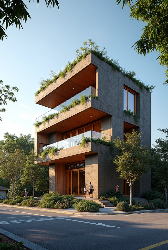 Music and Dance Center in the municipality of Chapecó, santa catarina, brazil. Three-story building on a plot of land with trees on the corner, uphill and downhill, between two busy streets, ground floor trade