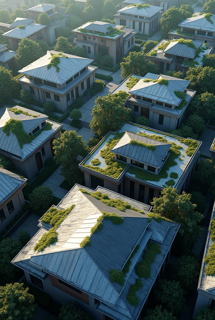 Realistic 8K image showing houses with three types of roofs: Unripe (flat roof covered with vegetation), metallic and colonial. Roofs should be seen from above, forming the image of the word 'URBPLAN'. Give more focus to the roofs and use predominantly blue colors in the image.