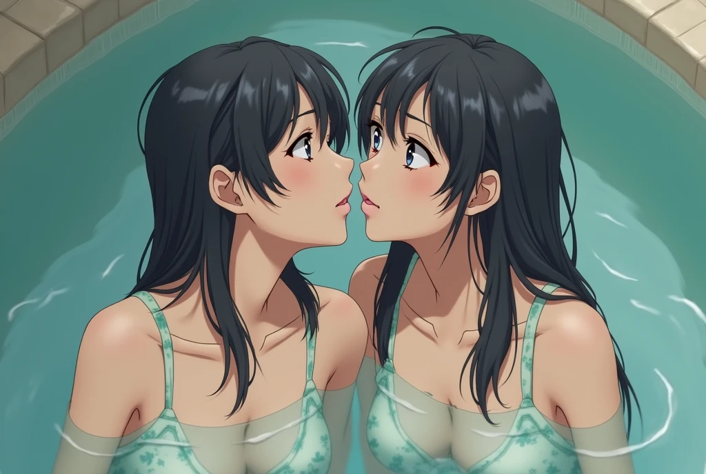 Identical twin sisters、Two Japanese sisters in an open-air bath invite you to join them