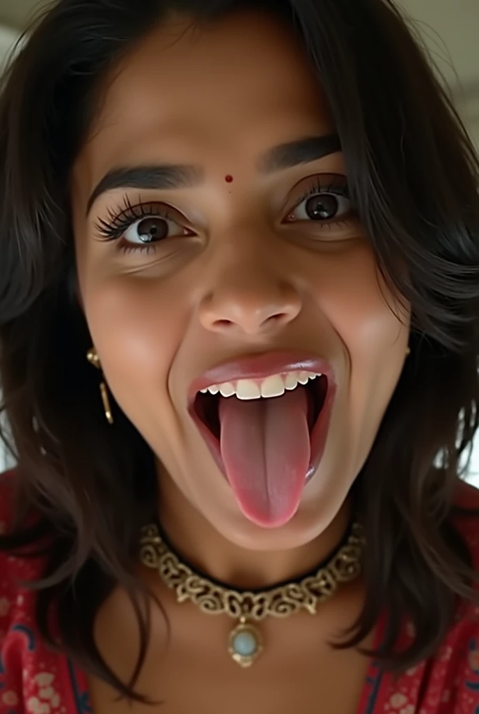 Beautiful perfect face Indian females orgasm face with tongue sticking out of the mouth and big boobs showing