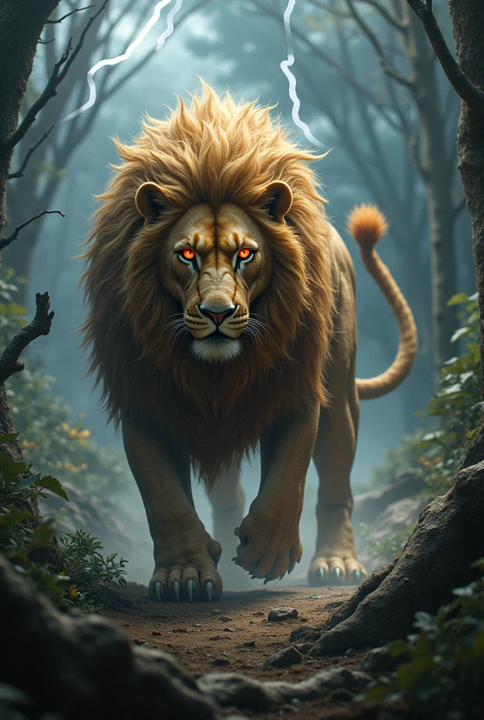 Lion-Dragon Hybrid: A majestic creature with the body of a powerful lion, complete with a flowing golden mane, and the scaled wings, tail, and fiery breath of a dragon. Its eyes glow with a menacing red hue as it prowls through a dark, stormy forest, with lightning striking in the background.