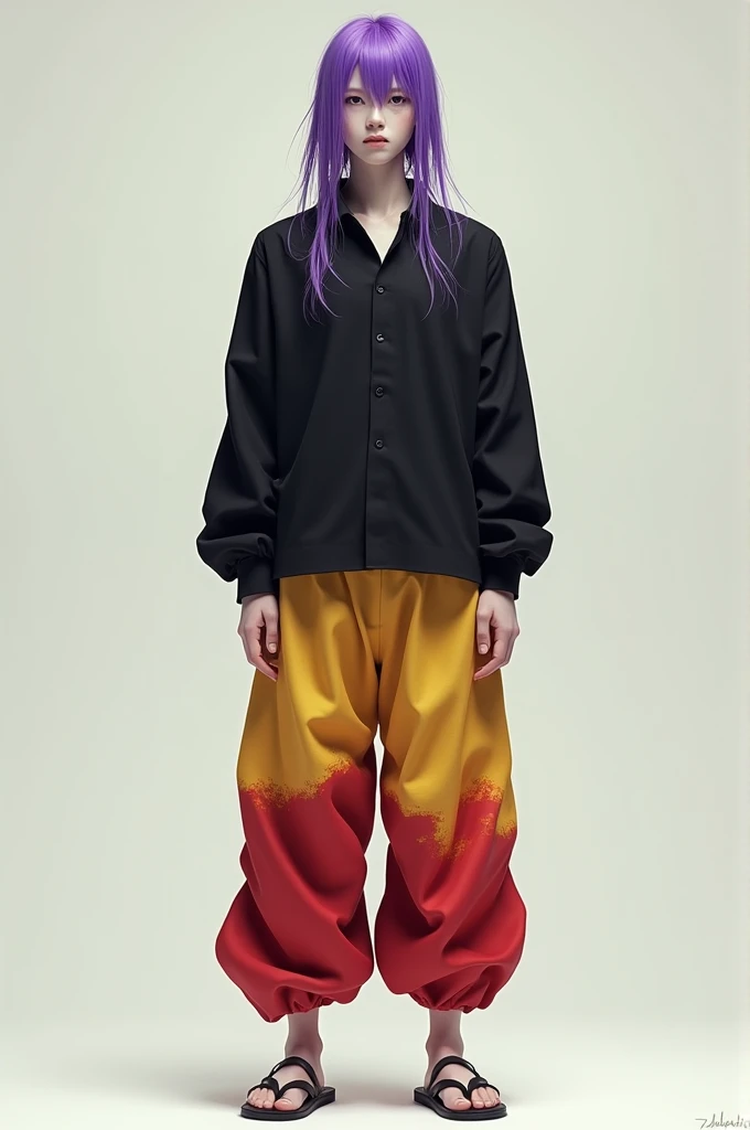 Create a picture of a guy 2m tall, , white skin, purple hair with bangs, wearing a black shirt, songoku pants and sandals.