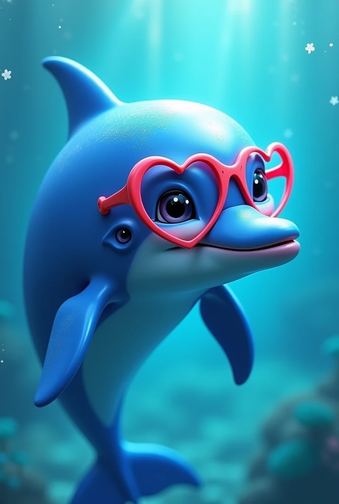 A dolphin with bright and vibrant shades of blue and heart glasses, realistic style