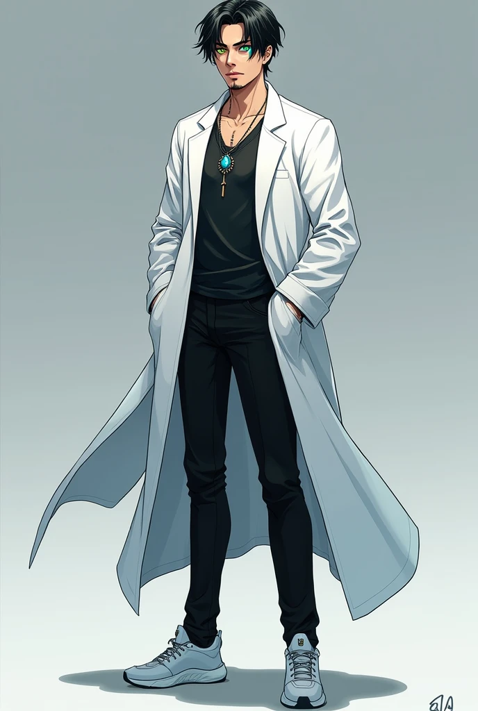Manhwa character, 40 year old kurama, 1,86cm height, your appearance: dark haired, he seems to be sung woo, has a thin beard, one of his eyes is orange-yellow and the other is blue Personality: cold and calculist, important as a mountain Clothes: chemise, black pants and sneakers and wears a white doctor's coat with a necklace that has a precious stone.