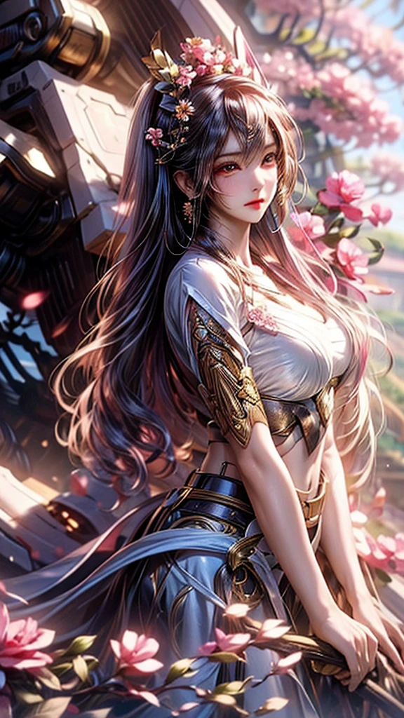 garden,On the grass,an oriental girl,long hair shawl,Miansha on the face,Big breasts,earrings,Wearing an ancient Han Dynasty mini lace skirt,Chest gemstone jewelry,坐在On the grass,
