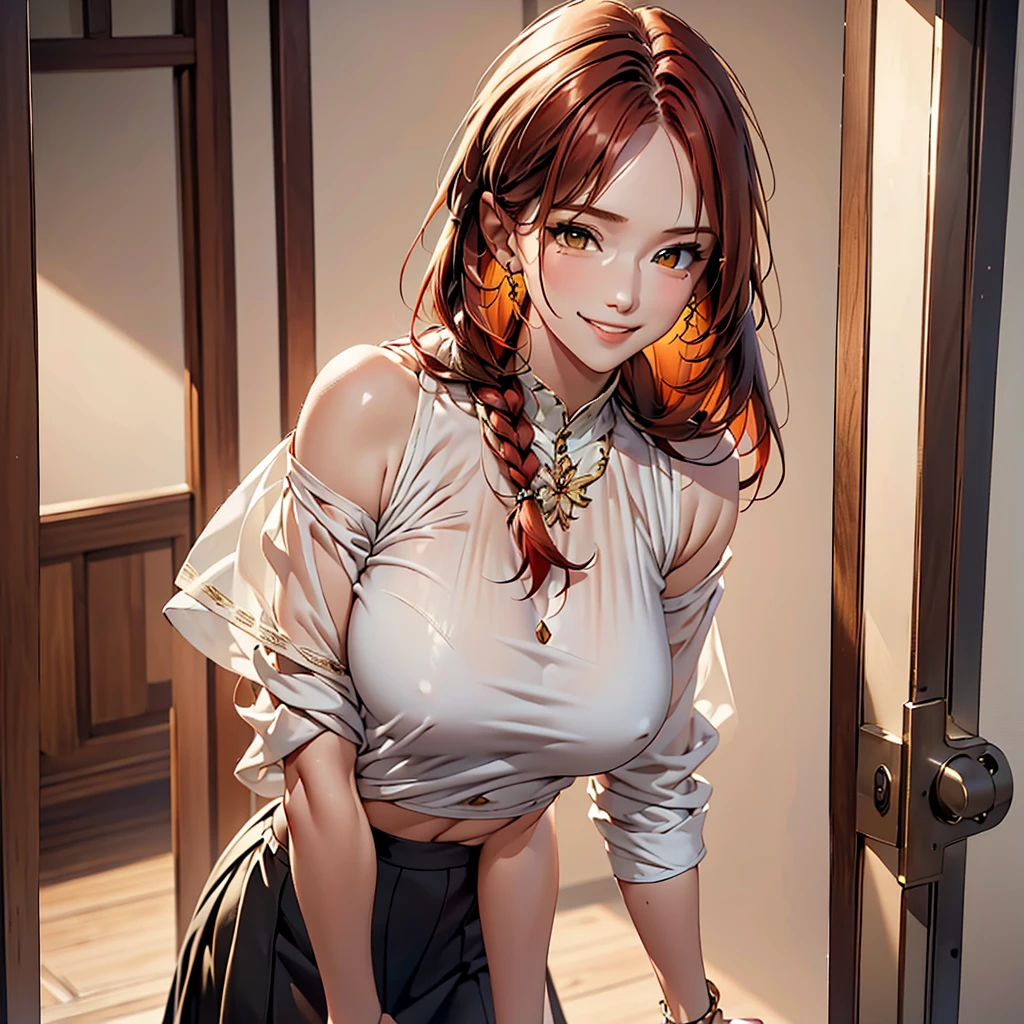 women, natural redhead, by the wide, 2 braids, Whole body, standing, short black skirt, White off-the-shoulder shirt, yellow eyes, chest a little big, Leaning on the entrance of a door, View up, flirtatious smile, mischievous smile.