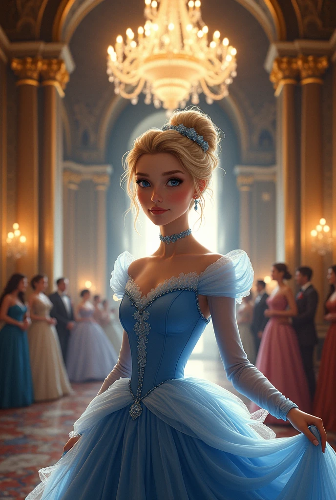 Ciderella arriving at the ball in a blue dress and a glass slipper , blonde hair from back realistic person