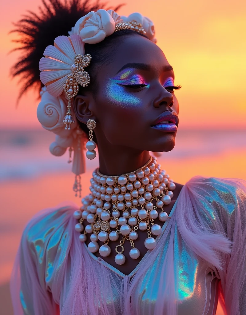 Precisionist digitally crafted art of an neon-hued lip, Dolly kei and love-inspired nuances fused,jewellery ,  with heart-accentuated humor, fine balanced overlap pasted onto a contrasting orange hot pink backdrop, enlivened by retro filters manipulation, Framed from the bottom upwards by of abstract elements, break from tradition, color harmony, unique typography, romantic undertones, vintage ,Surreal photograph, woman  , dark skin, beach setting, calm sea backdrop, avant-garde garments fusing sea shells and pearls features, iridescent textures, pastel shades pink, blue, white, shimmering effects, large rounded textures, intricate marine life details, beaded headpieces, ethereal, otherworldly aesthetic, dreamlike composition, fashion and fantasy elements blend, ultra realistic, vivid colors, dramatic lighting.