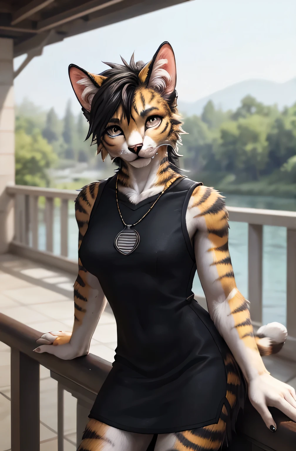 dreamy young muscular cute noble (eksotic feline female:1.2), tomboy, I look at the viewer, you look intrigued, detailed eyes, the average breast is covered, in an elegant black dress with straps, detailed fur, Realistic feathers, multi-colored fur, (leaning against the railing:1.2), realistic photo, detailed background, God_eks, (mass effect:0.6),