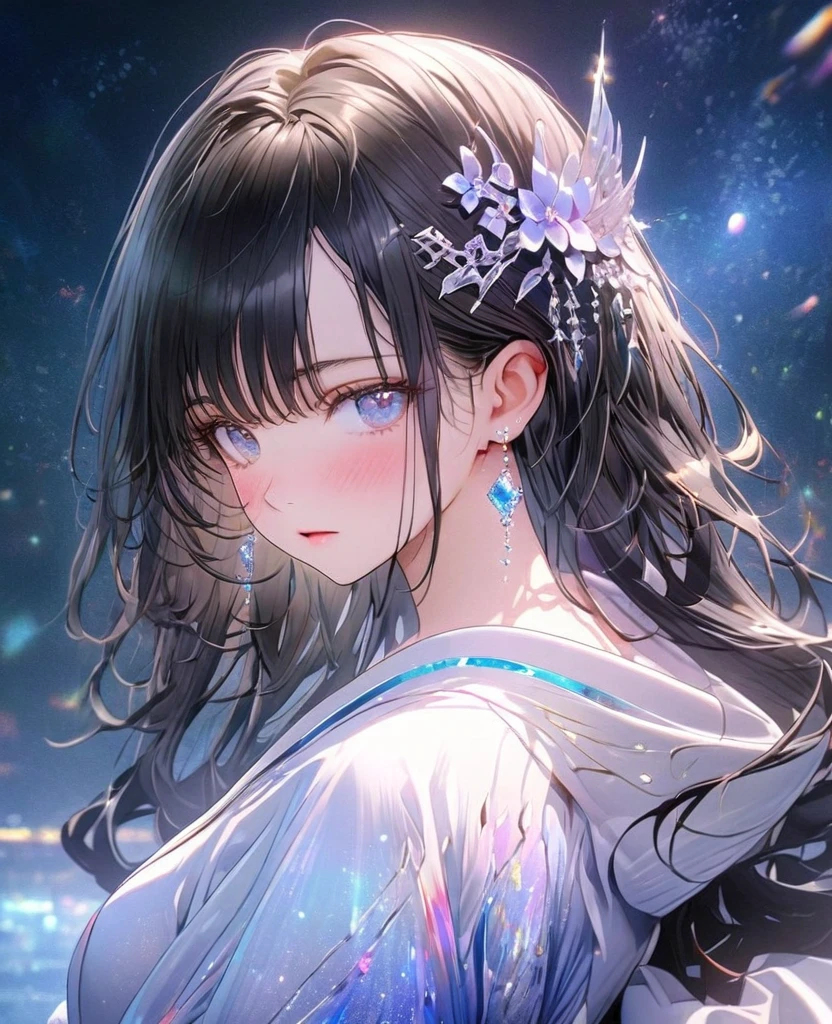 8k,Ephemeral beauty,Very delicate and beautiful,Beautiful and realistic skin,Hair that shines like a jewel,Black Hair、Long and colorful hair,Beautiful Eyes,good,Beautiful night sky、shy、White adult clothes、Do not put anything on the hair、
The hair ornament is small