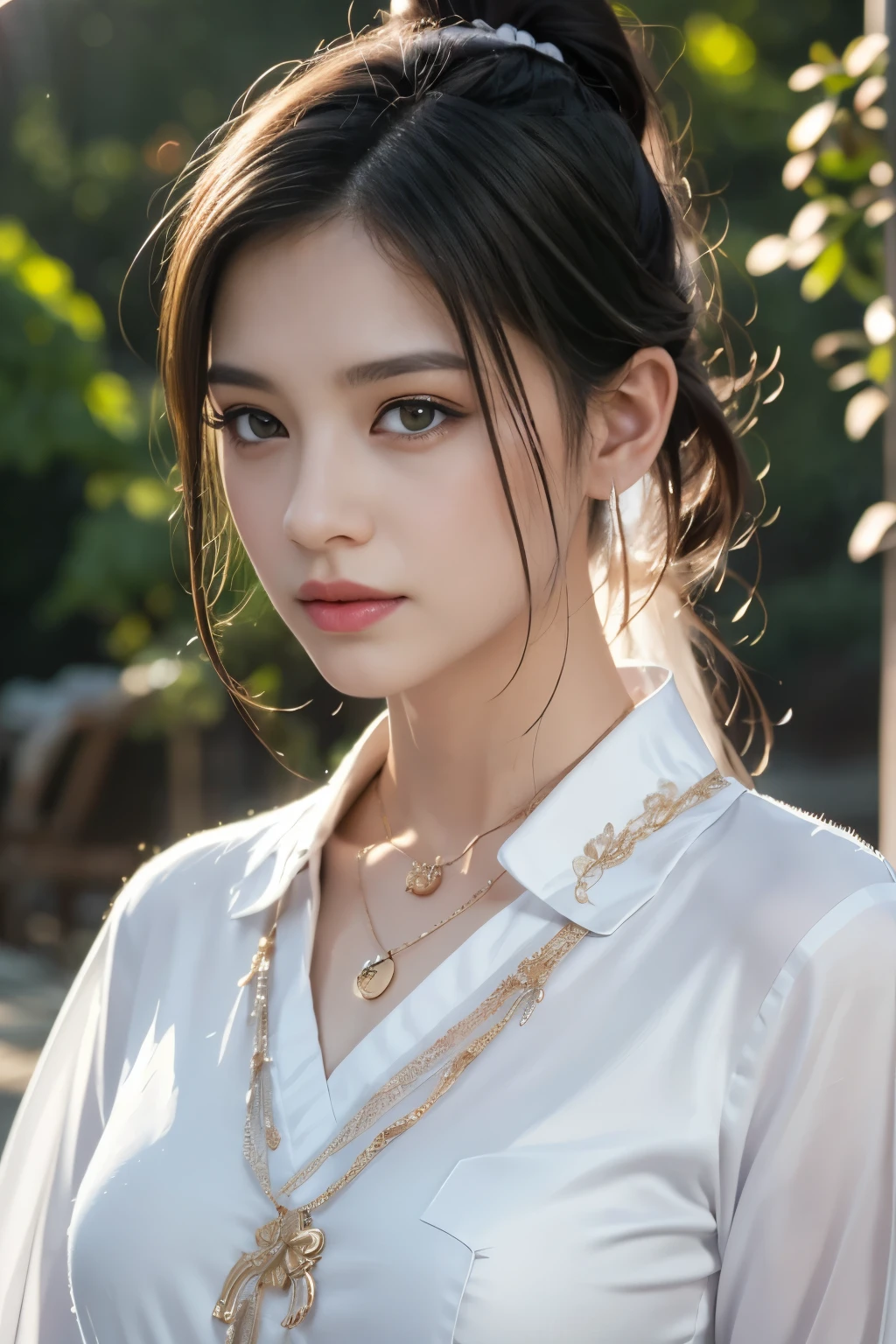 A beautiful girl wearing a hanbok costume, ((Textured white thin purple silk shirt)), white lace top, long purple platinum ponytail hair, bijouterie, Ear jewels, Necklaces and necklaces, Big, carefully drawn purple eyes, Be careful with your makeup, thin eyebrows, high nose, Beautiful red lips, There is no smile, pursed lips, pink cheeks, wide breasts, big bust, Proportional breasts, slim waist, purple fishnet socks, Chinese Hanfu style, Fictional art texture, Colorful, bright and realistic, RAW photos, realistic photo, Ultra-high-quality 8K surreal photos, (Effective fantasy lighting effects: 1.8), 10x Pixel, magic effect (background): 1.8), very detailed eyes, Full body portrait of a girl , 중국 왕실 정원 background, dynamic pose