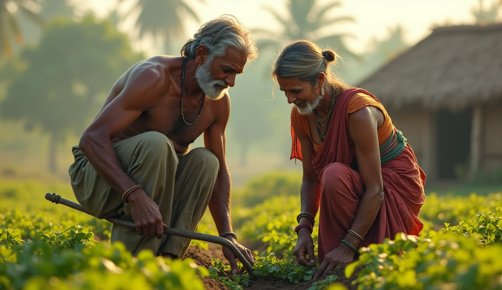 a indian poor man and his wife working hard in the farm