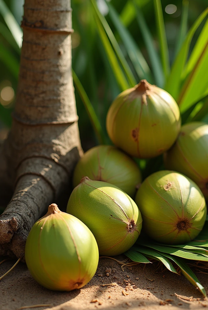 At the base of a coconut tree it looks like a freshly picked young coconut. There are also several clumps of coconut leaves stacked under the young coconuts. Describe the situation from a close distance with emphasis on space., weave and shape