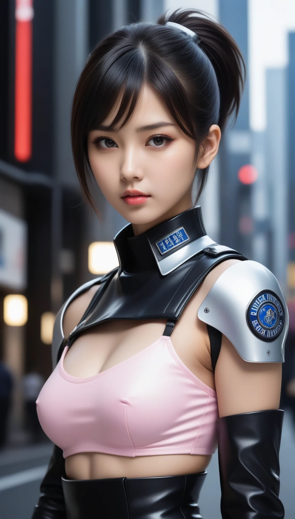 8k, Ultra-high resolution, Highest quality, masterpiece, 三分割法によるphotograph,Surreal, photograph, 1 , (:1.3), cute, cute顔, 細部までBeautiful Eyes, 細かくdetailedに,masterpiece,One Girl:1.2,Japanese women,Policewoman,upper body,glaring,Black short hair,High ponytail,ID photo,(Police officer of the future:1.3),cyber punk,Future City,white collar,((Fusion of humans and androids))(Beautiful attention to detail),Subtle details, detailedな顔,anger,Attractive eyes,(ポートレートphotograph:1.4),(Photorealistic images:1.4),Fantasy art,(Beautiful Face:1.4),美しくAttractive eyes、Beautiful Eyes,Silver residue,(Tight waist:1.4)、(Beautiful with perfect body proportions:1.4),Pink Lips,profile,(((Ideal body type))),A-cup small breasts :2,、Portraiture:2、Perfect Anatomy、鮮明なdetailed、detailed,Fashion magazine cover,Thin lips,完璧でBeautiful Face ,完璧でcute顔, Skin with attention to detail, Perfect limbs、Narrow waist,Surreal,Light and shadow,spotlight