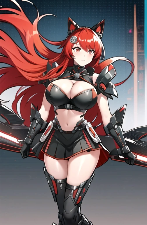 masterpiece, best quality, illustration, ultradetailed, 1woman, red hair, red eyes, long hair, very large breasts, very fat large thick thighs, black thighhighs with red accents, futuristic anarchist cyberpunk black outfit with red details, very large cleavage, exposed belly, exposed arms, futuristic anarchist cyberpunk armor, futuristic anarchist cyberpunk fox ear black and red headphones, 1 black and red hair ornament, futuristic anarchist cyberpunk black skirt with red accents, embarrassed, bedroom, bed, strong contrast, dominant black color with red accents
