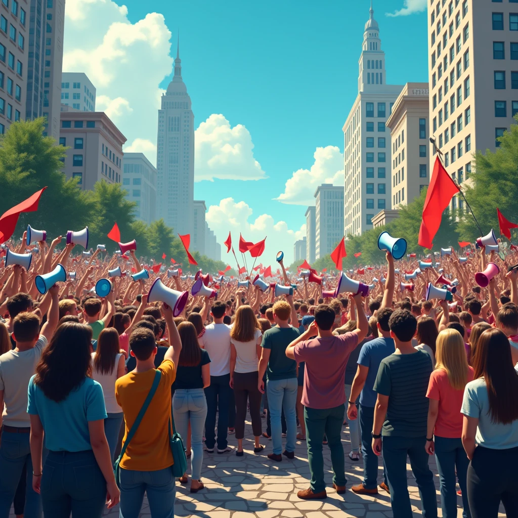generate image of many people using megaphones