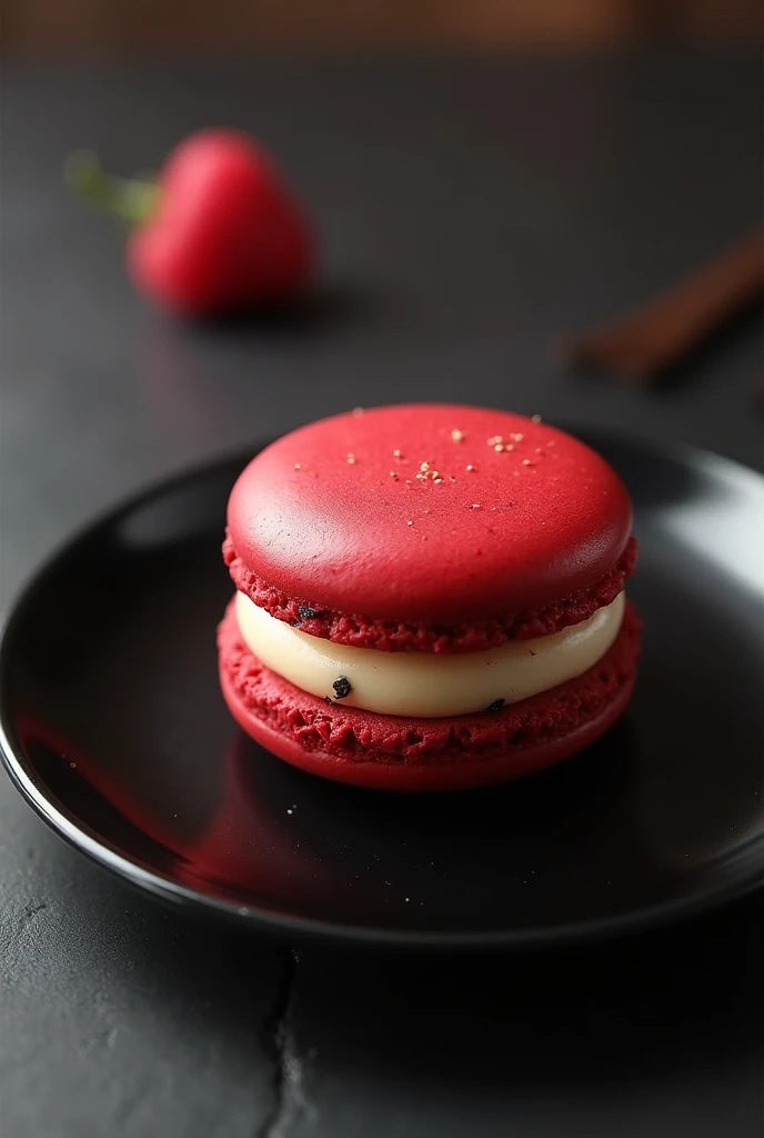 Red velvet macaroon with vanilla cream filling served on a black plate