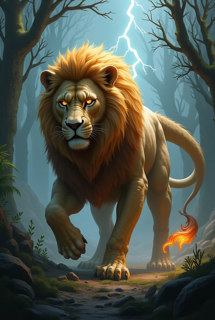 Lion-Dragon Hybrid: A majestic creature with the body of a powerful lion, complete with a flowing golden mane, and the scaled wings, tail, and fiery breath of a dragon. Its eyes glow with a menacing red hue as it prowls through a dark, stormy forest, with lightning striking in the background.