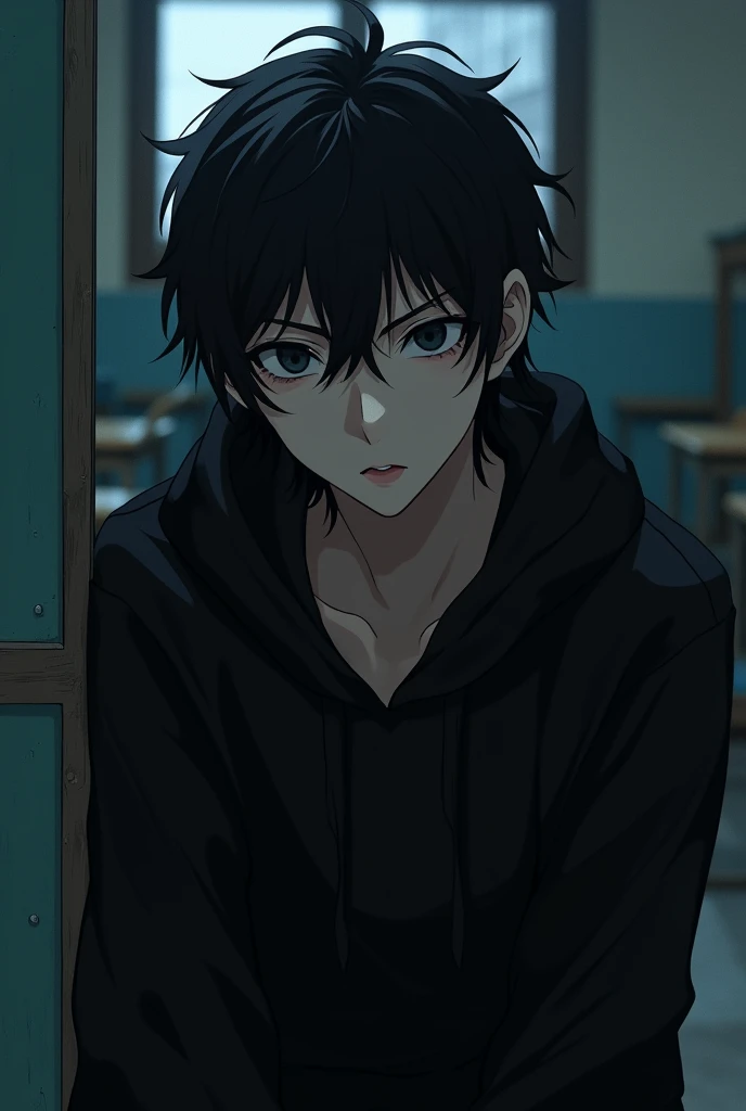 (photorealism:1.2), handsome asian guy, thin almond shaped eyes, wearing a black hoodie and black long pants, sitting at the back of the class, staring at viewer while leaning against the door, black messy-middle-length hair (his hairs almost covering his eyes), wolf cut hairstyle, yandere vibe,in the dark room, anime photo, close up