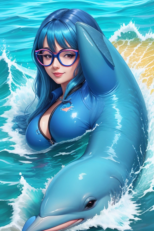 A dolphin with bright and vibrant shades of blue and heart glasses, realistic style