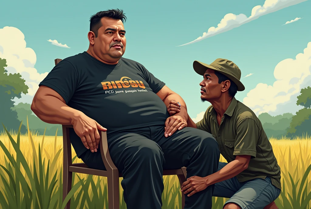 pov top-down, details upscale, expand,an Indonesian male foreman in his 40s, slightly stocky, wearing a black t-shirt with the boss's logo and black cargo pants, he enjoyed his cigarette while sitting relaxed on his skin's face, the coolie's face becomes the foreman's buttock, the background is in a sunny rice paddy field, a shabby laborer kneels under the foreman's crotch, The foreman is seen sitting on the face of a coolie who is supporting him