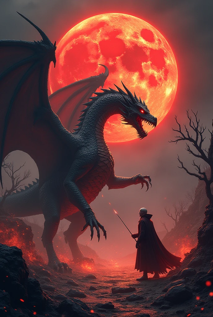 A dragon fighting a vampire under the light of a red full moon 