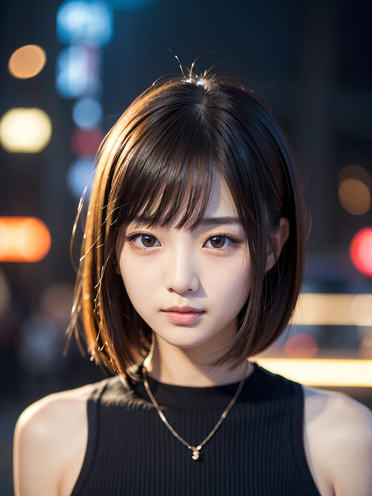 masterpiece, One beautiful girl, detailed, Swollen eyes, Highest quality, 超High resolution, (reality: 1.4), Original photo, One Girl, Cinema lighting, (Laughter:0.6), Japanese, Asian Beauty, Korean, Proper, Very very beautiful, A slightly younger face, Beautiful skins,Orange Hair、 Slim and large, Black sweater、Cyberpunk Background, (超reality的な), (Awareness-raising), (High resolution), (8k), (非常にdetailedな), (The best Awareness-raisingns), (Beautiful and detailed eyes), (超detailedな), (wallpaper), (detailedな顔), Looking at the audience, 細かいdetailed, detailedな顔、Deep Shadow、Inconspicuous、Pure Erotic Face Ace_v1、46 point diagonal bangs、Look straight ahead、Dress neatly、black eye、